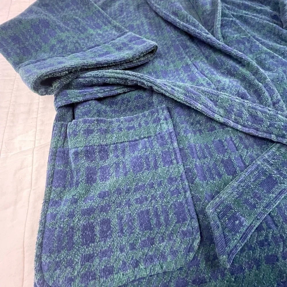 Nautica Green and Blue Cotton Terry Plaid Men's Robe One Size - Picture 3 of 11
